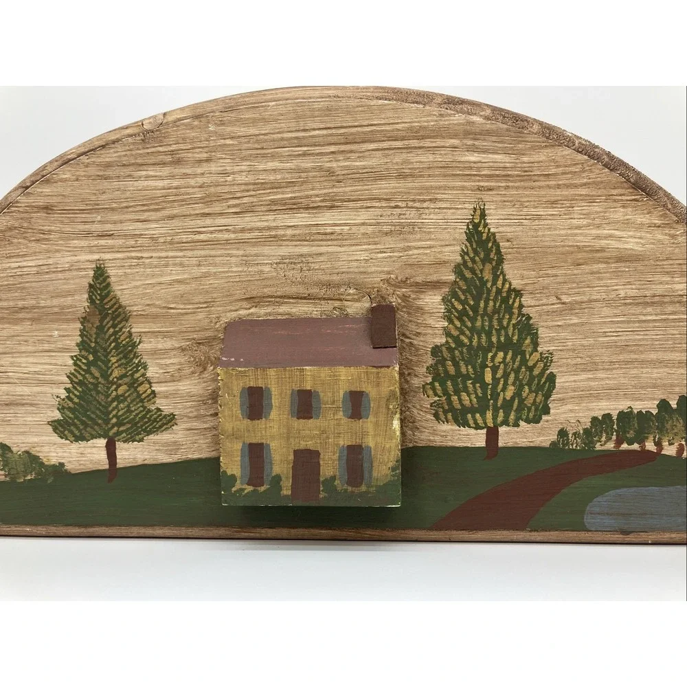 Hand Painted Half Moon Country Scene Wooden‎ Wall Hanging Primitive 3D Folk Art